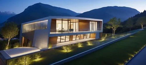 Diseño de un un Edificio Moderno, techos planos y rectos, grades ventanales de vidrios transparentes reflexivos en la fahada, el edificio en de dos pisos en elprmer piso un acceso rectagular amplio, u