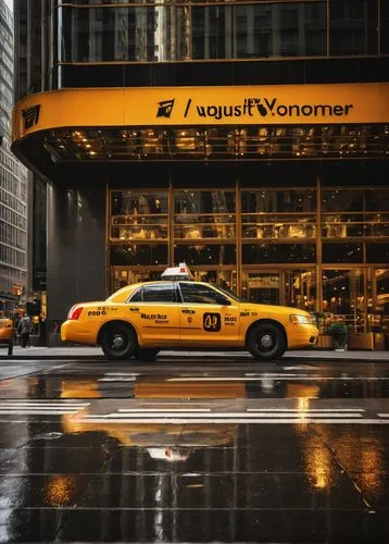 Grand skyscraper, New York City, modern architecture, glass and steel structure, intricate details, urban landscape, busy streets, yellow cabs, pedestrians, street lamps, cloudy sky, dramatic lighting