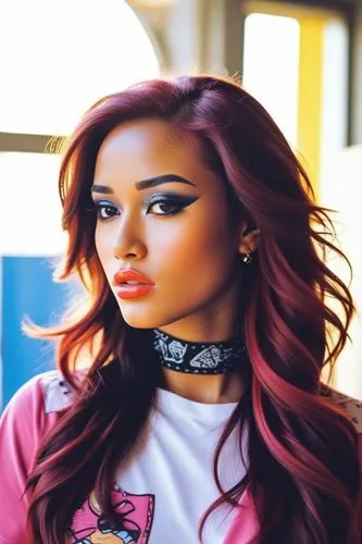 Comic art and pop art and vector art.
Inspired by LICHTENSTEIN and KEITH HARING,
 inspired by ANDY WARHOL,a woman with long red hair wearing a choker and a t - shirt,lydians,thirlwall,chachi,shay,fary
