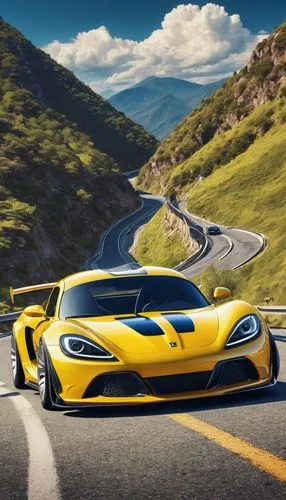 Vibrant yellow eggy car, shiny metallic paint, smooth rounded edges, big round headlights, smiling front grille, soft rubber tires, chrome door handles, sporty spoiler, racing stripes, driving on a su