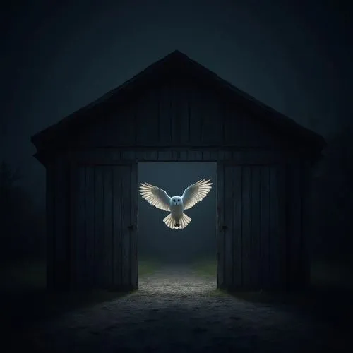 In the dark night, An owl is flying out of an old american barn at night. The white plumage contrasts with the complete darkness. The barn doors are fully opened creating a captivating visual effect i