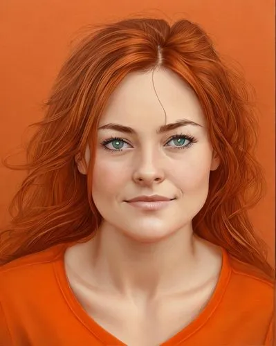 portrait of Catherine McCormack 21-year-old, dark-auburn-hair, orange-shirt,orange,orange color,girl portrait,orange robes,digital painting,orange half,bright orange,woman portrait,girl drawing,clemen