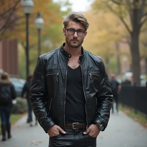 an insanely handsome muscular college professor, who is an immortal werewolf, wearing leather jacket, tank top, and leather pants, on campus, wearing smartwatch, glasses, boots, backpack













