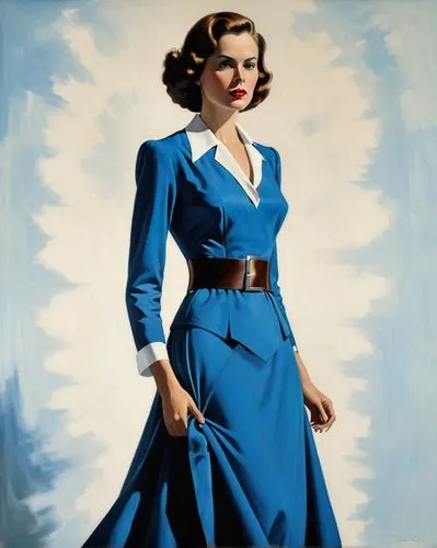 An enigmatic digital illustration: A woman with a vibrant blue dress, adorned in a black belt, and a white collar stands tall. Her gaze, directed sideways, adds mystery; her brown hair adds a splash o