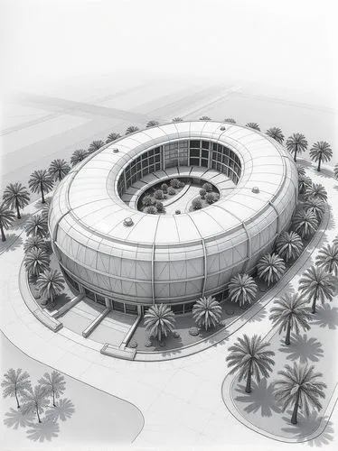 hand pencil scetch of an OVAL shaped one million square foot 3 sotry modern commercial building similar to the Apple Headquarters but OVAL shape in the abu dhabi landscape with an open courtyard in th