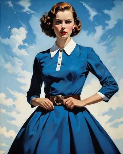An enigmatic digital illustration: A woman with a vibrant blue dress, adorned in a black belt, and a white collar stands tall. Her gaze, directed sideways, adds mystery; her brown hair adds a splash o