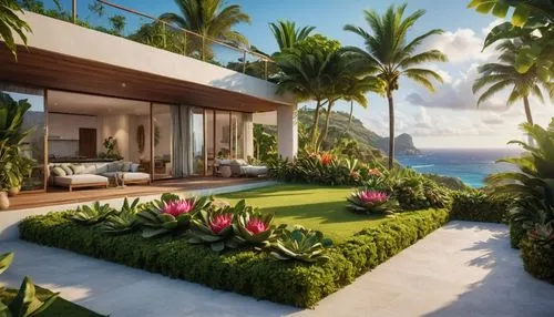 the view of a resort in tropical setting with lush green lawn,tropical house,tropical greens,oceanfront,holiday villa,luxury property,penthouses,luxury home,beautiful home,beachfront,tropical island,b