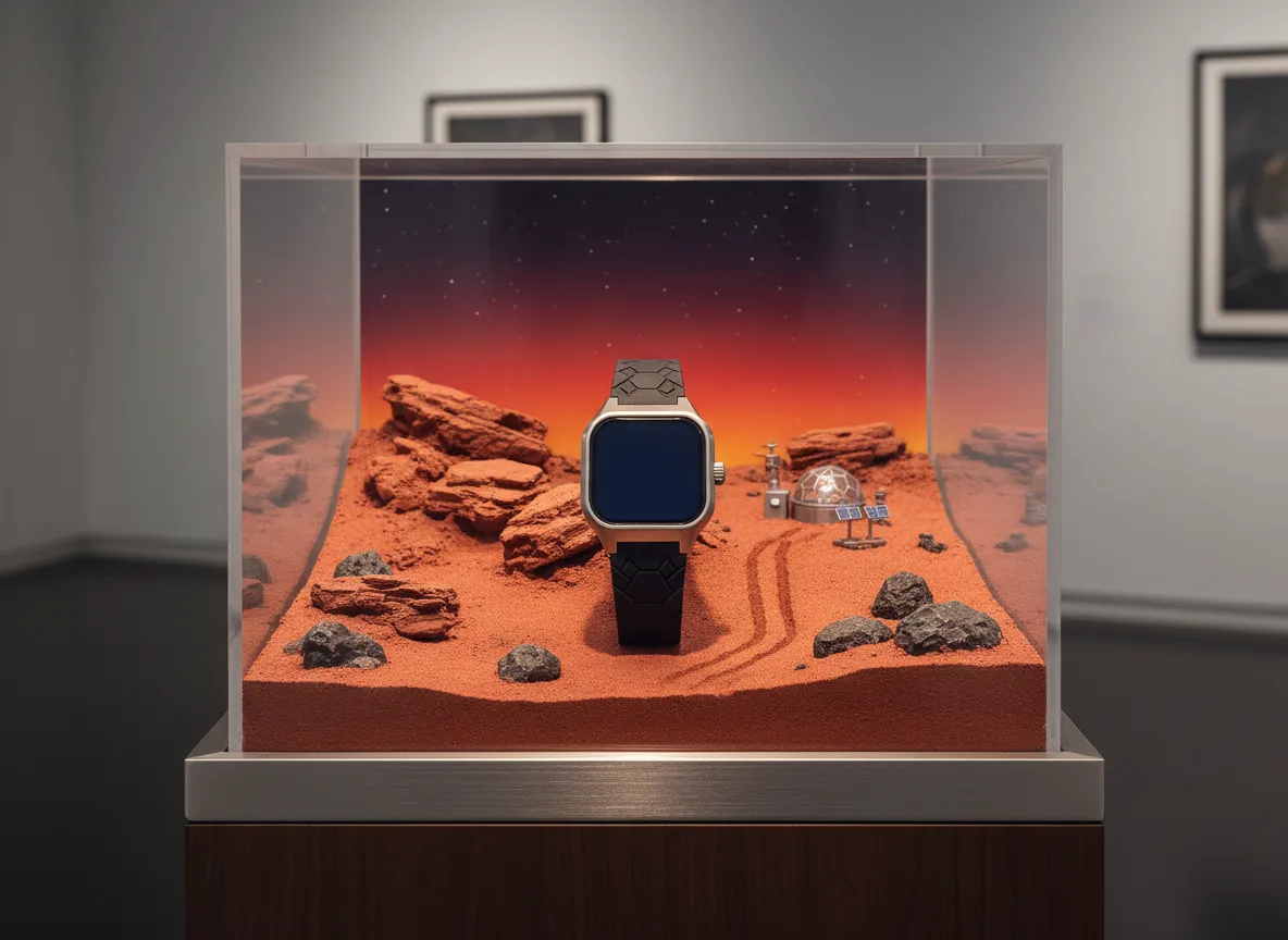 Eine elegante, moderne Uhr im Zentrum eines KI-generierten Dioramas einer felsigen Marslandschaft.