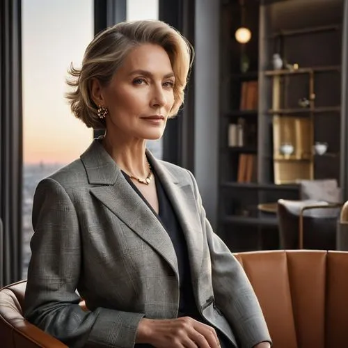 a business woman sitting on a chair in an office,chairwoman,business woman,woman in menswear,official portrait,senator,business women,businesswoman,newswoman,aging icon,evil woman,anchorwoman,newswome
