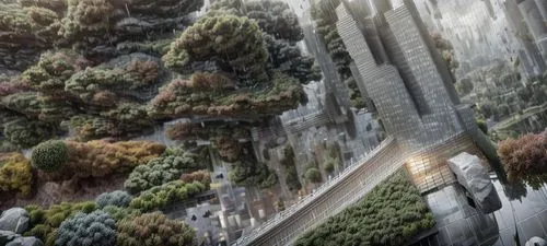 futuristic landscape,canopy walkway,3d rendering,render,scenic bridge,overpass,virtual landscape,suspension bridge,elphi,concrete bridge,digital compositing,building valley,tigers nest,urban landscape
