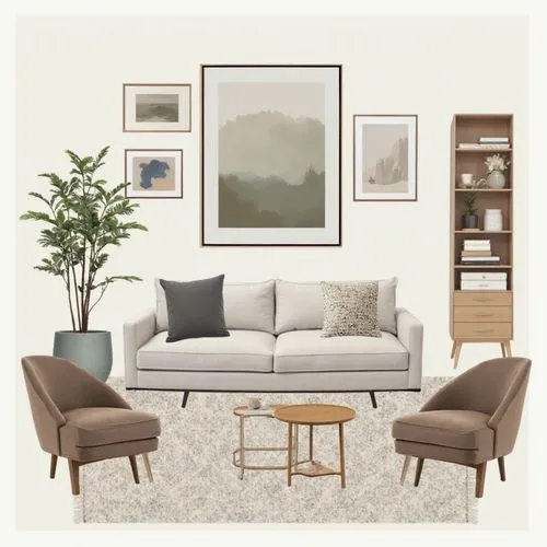 design mood board for living room including: artwork, sofa, armchair, storage cabinet,living room mood board with brown and gray furniture,apartment lounge,living room,sitting room,modern minimalist l