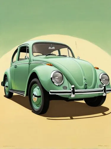 a Volkswagen Beetle in a celadon hue against a light backdrop,volkswagen beetle,illustration of a car,porsche 356,volkswagen 181,volkswagen new beetle,volkswagen vw,vw beetle,porsche 356/1,the beetle,