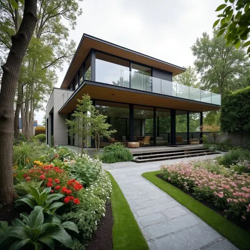 A delicate modern garden with lush flowers and plants and a path leading to a building.,a modern home with garden and flower bed,modern house,landscaped,mid century house,beautiful home,cubic house,cu
