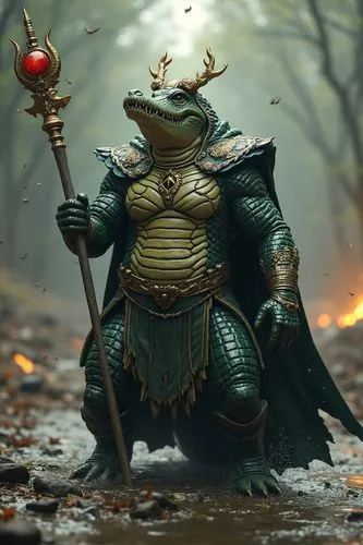 Marvel full sized alligator loki with loki crown on head and scepter in action without words or logos,a statue is in a forest with a dragon wearing armor and holding a staff,frog king,frog prince,frog