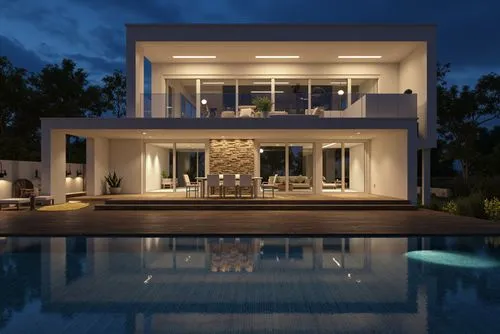 A photo-realistic rendering of a modern, minimalist house with a pool at night. the house is a two-story, rectangular structure with a white exterior and large glass windows that allow a glimpse of th