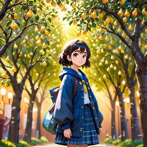 japanese style, manga, realistic,girl,pears tree,an anime scene of a young woman walking in a park with trees,kumquat,citrus,tamako,kumiko,oranges,mirai,Anime,Anime,Cartoon