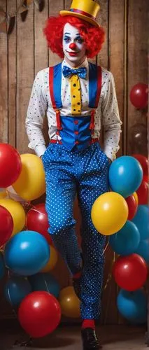 Cute clown, colorful wig, red nose, bright blue eyes, white face paint, red lips, yellow hat, oversized bow tie, polka dot pants, suspenders, holding a bunch of balloons, standing on one leg, circus b