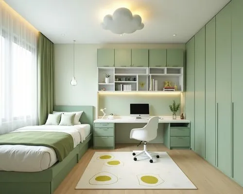 
A modern and minimalist bedroom and study area designed with a soft green and white color palette, featuring built-in furniture with clean lines and functional design, the left side includes a platfo