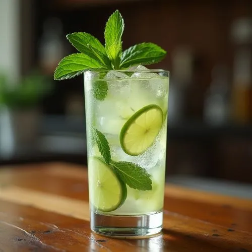 water with lime and mint in glass on woodencountertop,an ice tea with limes and mint leaves on the rocks,mint julep,melon cocktail,limeade,juleps,lemon mint,olive in the glass,basil total,sliced lime,