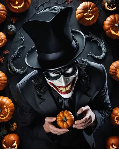 dark grind, venom caracter, smile, dark moon, glasses, hat, ghotic, pumpkin,the joker holding two pumpkins in his hand,halloween background,halloween wallpaper,calabaza,scaretta,jack o'lantern,jack o'