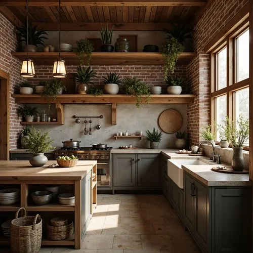 Rustic kitchen, wooden open shelving, exposed brick walls, vintage metal fixtures, earthy color palette, natural stone countertops, butcher block islands, pendant lanterns, distressed wood cabinets, f