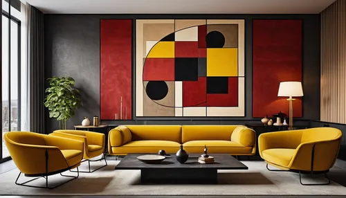 Bauhaus Style Interior Design, Living Room, abstract artwork, modern design, in the style of paul klee, saturated colored, dark crimson and dark beige, dark yellow, symbol, black, neo-concrete, meticu
