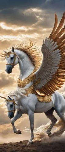 Mythic horned Pegasus, majestic wings spread wide, feathers shimmering with iridescent colors, golden horn on forehead, flowing mane in silky texture, muscular body, galloping pose, clouds and sky as 