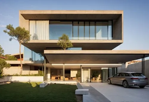 a car that is parked in front of a large building,modern house,modern architecture,dunes house,cube house,cubic house,contemporary,Photography,General,Realistic