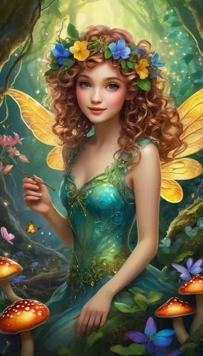 Whimsical Pixie Hollow artwork, vibrant colorful palette, glowing mushrooms, twinkling fireflies, delicate flowers, lush greenery, soft misty atmosphere, warm golden lighting, intricate tree branches,