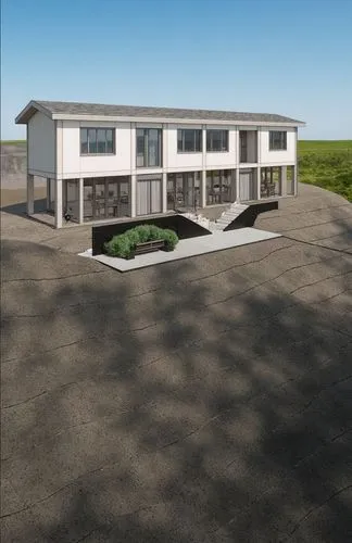 a three story house sits in a flat landscape,residential house,carports,modern house,dunes house,house drawing,render,flat roof,renders,prefabricated buildings,danish house,prefabricated,maisonettes,m