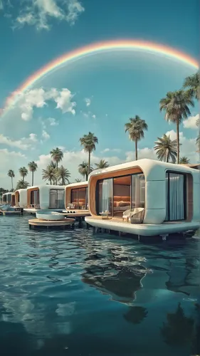 rainbow on the sky, reflection in the waters,houseboat,floating huts,cube stilt houses,idyllic,mobile home,house by the water,house trailer,florida home,recreational vehicle,floating island,floating i