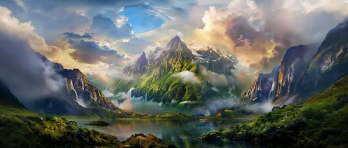 a painting depicting mountains and water, the clouds are blowing,fantasy landscape,fantasy picture,world digital painting,mountain landscape,mountainous landscape,landscape background,mountain scene,f