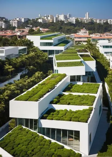 Passive cooling architecture, modern green building, white exterior walls, large windows, overhanging eaves, natural ventilation, shading devices, solar panels on roof, green roofs, lush vegetation, u