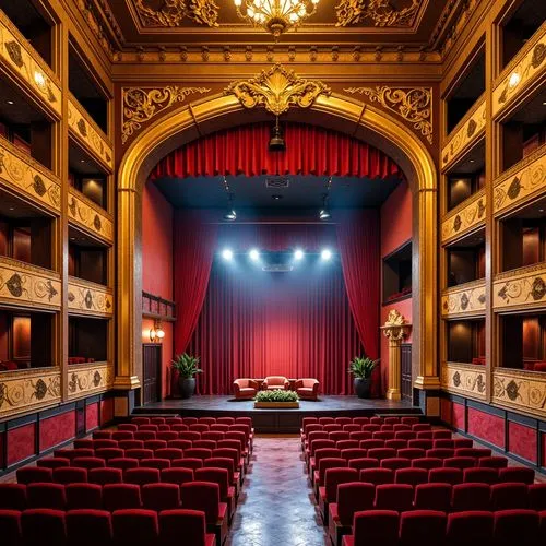 Vibrant theatrical facade, eclectic architectural style, ornate decorations, grand entrance, sweeping arches, intricate moldings, richly colored walls, gilded details, red velvet curtains, golden balc