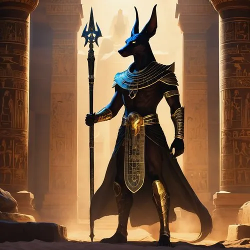 Anubis, el dios egipcio de la muerte, de pie en un oscuro templo en ruinas, envuelto en sombras y niebla espesa. Su figura imponente tiene la cabeza de un chacal negro con ojos brillantes de un respla