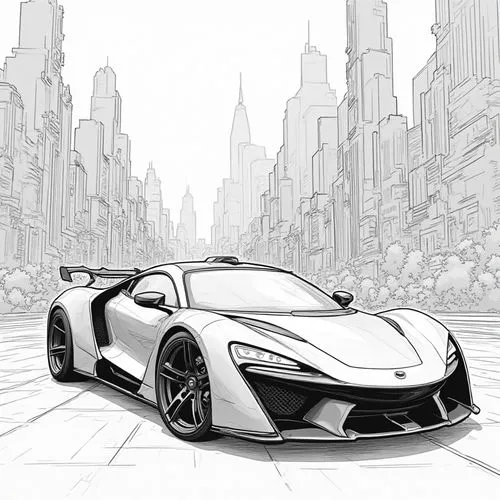 Visualize a futuristic sports car, hyper-stylized with sharp angles and a sleek, aerodynamic design, set against a backdrop of an urban landscape filled with towering skyscrapers. Emphasize the car's 