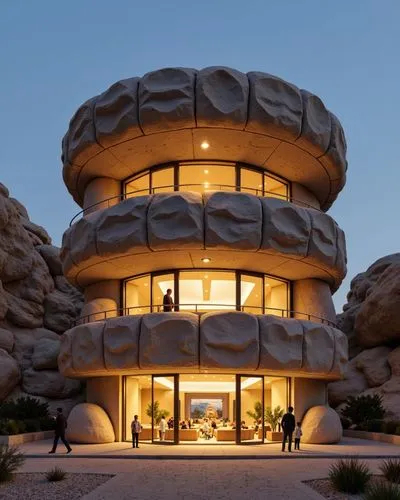 Frontal photography of the facade of a theater in the Israeli desert, made from giant carved stone rocks. The three-story structure is suspended from the roof with a light composition inspired by the 