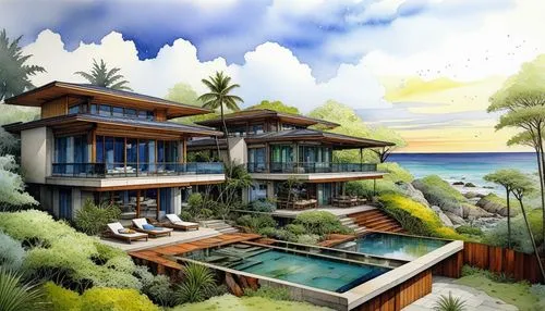 this is an illustration of a modern mansion with a swimming pool in the foreground,tropical house,oceanfront,holiday villa,dreamhouse,beach house,beachfront,dunes house,tropical island,house by the wa