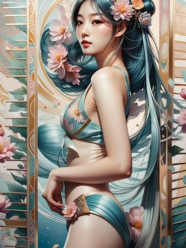 Side view of a pretty Japanese woman,a very nice looking girl in lingerie with flowers,kommuna,japanese art,oriental painting,oriental girl,oriental princess,xiaofei,geisha,yangmei,geisha girl,xiaomei