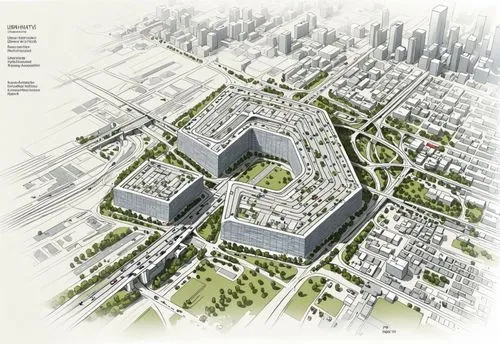 urban city planning sketch featuring elevated highways ,a city with lots of buildings and green areas,urban development,redevelop,urban design,urban planning,rezoning,urbanizing,redeveloped,urbanizati