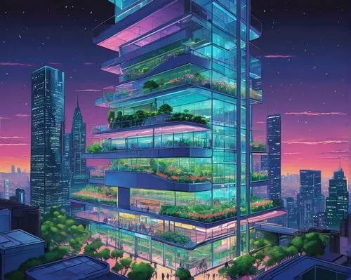 Modern 3-tier architecture design, futuristic skyscraper building, sleek glass facade, silver metal frame, neon lights illuminating the edges, night cityscape, bustling metropolitan area, towering abo
