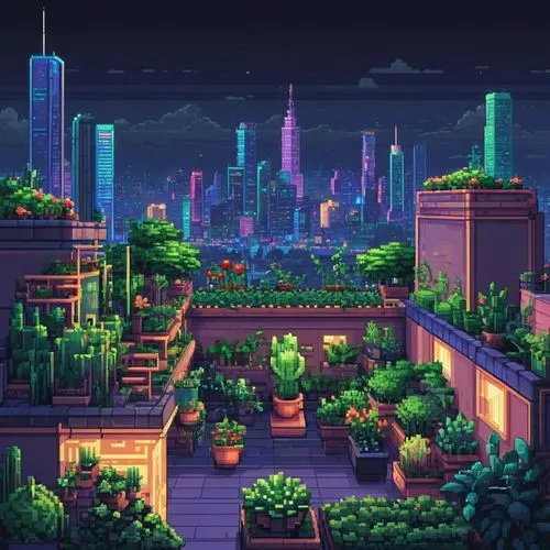 Pixel Art,greenhouse,dusk background,cityscape,aurora village,skyscraper town,colorful city,evening city,cybertown,dusk,city skyline,city at night,green valley,greenhouse cover,above the city,balcony 