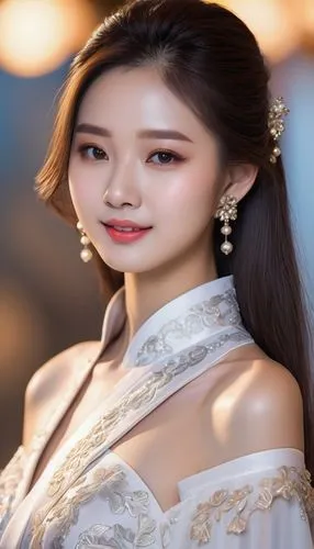 一个女孩
典雅古韵，长发飘逸，温柔笑容

旗袍装束，曼妙身姿，东方韵味

清新脱俗，淡雅妆容，秀外慧中

自然光下，肌肤如雪，柔和光影,the woman is wearing long hair and earrings,hanbok,jingqian,sanxia,yingjie,feifei,qianwen,Photography,General,Natural