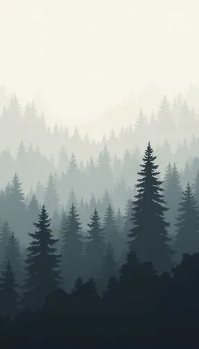 "Design a November wallpaper with a minimalist approach, featuring layered silhouettes of trees in shades of gray and black for a stark, autumnal landscape."







,a landscape with pine trees and fo