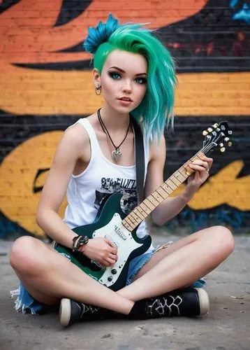 Bratz doll, green hair, messy braids, bright blue eyes, pale skin, freckles, white tank top, ripped denim shorts, black choker, silver necklace, holding guitar, sitting on floor, graffiti wall, urban 