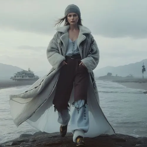 
,a woman in boots on the beach,yachtswoman,imperial coat,long coat,coat,overcoat,white fur hat,harbormaster,deckhand,seafaring,fur coat,seafarer,on the pier,marina,greatcoat,old coat,suit of the snow