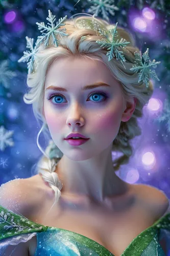 Elsa Frozen,blue eyes,stands at full height facing forward,RAW photo, professional lighting by neon, light on face, near beauty ((blue, green,lilac,white),very small snowflakes background from of the 