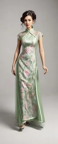 green, pink and white a-line gown with mesh sleeves, floral pattern, and qipao-style collar,plus-size model,asian teapot,dress form,plus-size,girl in a long dress,pregnant statue,asian costume,orienta