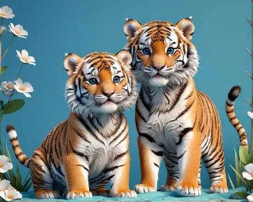 A close-up, high-resolution 3D render: Two small Siberian tigers, brown and gray, are positioned on the right side of the image, standing next to each other. The first cub is facing the left, with bot
