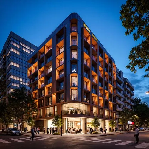 Vibrant bar social housing, eclectic facade design, bold color blocking, geometric patterns, industrial metal cladding, reclaimed wood accents, dynamic LED lighting, urban cityscape, bustling streets,